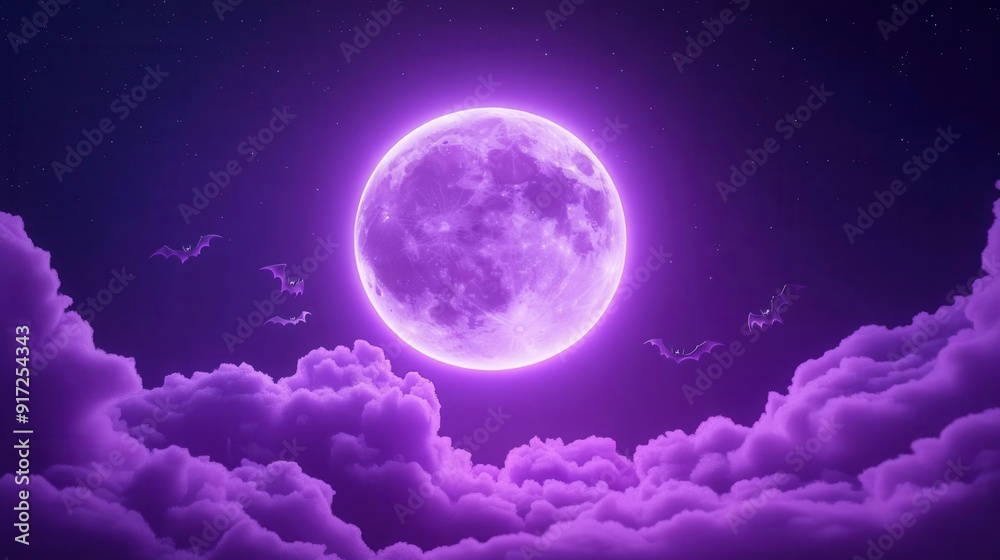 Full purple moon in a night sky with clouds and bats.