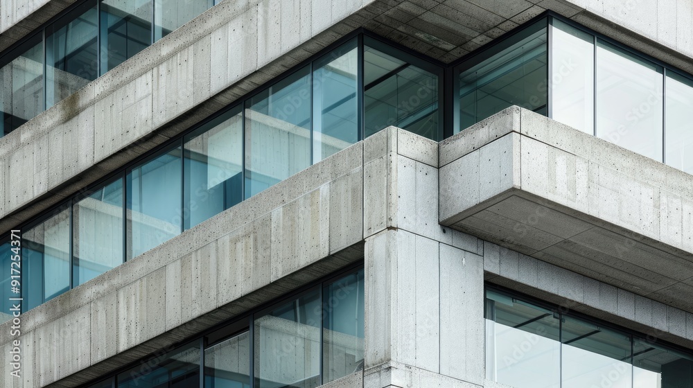 Architectural setting with geometric support beams and windows on brutalist office building Architectural setting with geometric support beams and windows on brutalist office building