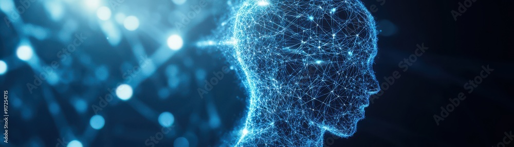 An abstract representation of a digital human head, showcasing neural connections and advanced technology in a futuristic setting.