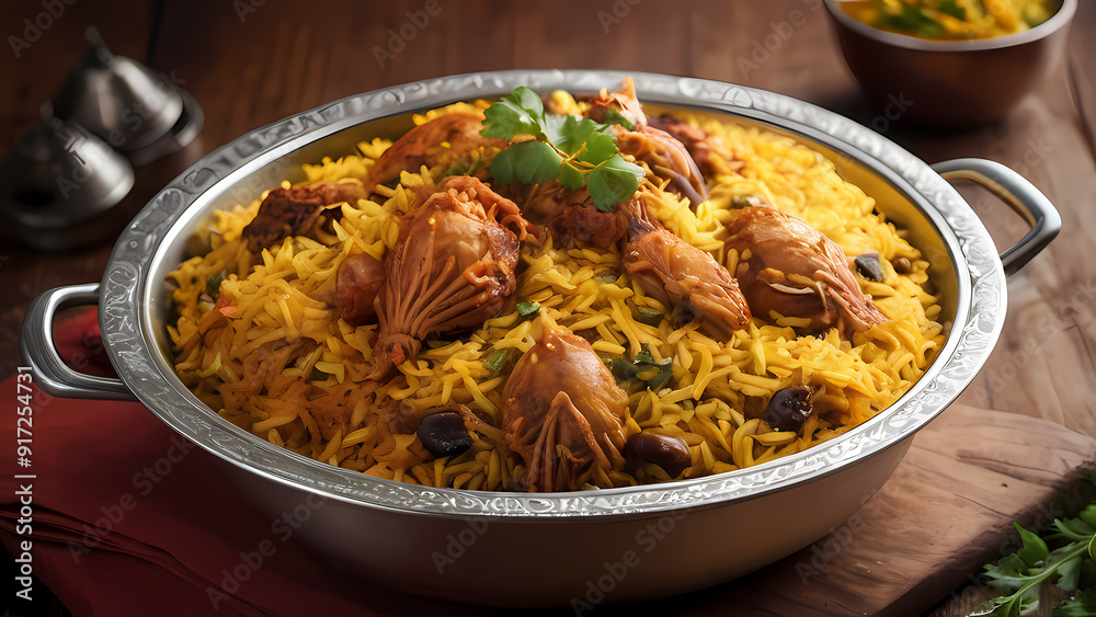 Create a highly realistic illustration of a Briyani Rice Dish Create a highly realistic illustration of a Briyani Rice Dish