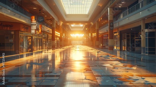 A cinematic shot of an empty shopping mall with abandoned corridors, closed store fronts, and a ghostly atmosphere. The setting sun bathes the scene in a warm glow, contrasting with the emptiness.