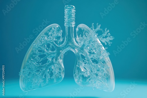 Artistic representation of human lungs created with a glass effect, showcasing intricate details in a serene blue background.