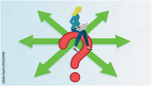 Woman uncertain about what road she should choose. Sitting on question mark with arrows with different angels in background. 16:9. Vector illustration.