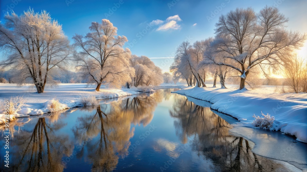 Snow covered trees and frozen creek in a serene winter landscape, winter, cold, beauty, nature, snow, ice, outdoor, frozen Snow covered trees and frozen creek in a serene winter landscape, winter, cold, beauty, nature, snow, ice, outdoor, frozen