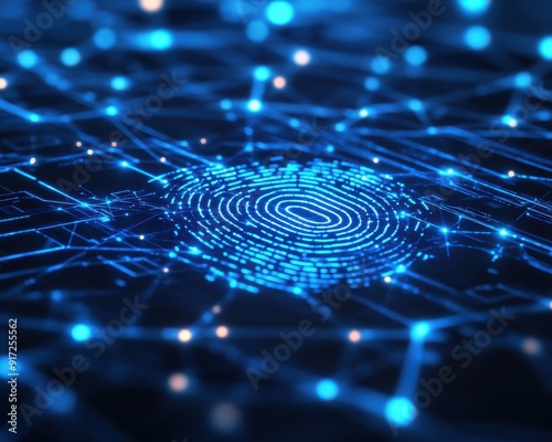 Close-up view of a digital fingerprint surrounded by glowing data points, symbolizing technology and security in cyberspace.
