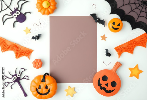 Happy Halloween, dressed up kids , ghosts, whitch background mockups and decoration spooky horror graveyard design photo