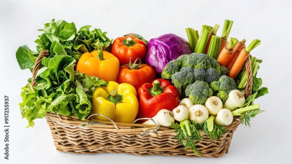 Fresh vegetables arranged in a wicker basket, captured in bright lighting against a clean white background Fresh vegetables arranged in a wicker basket, captured in bright lighting against a clean white background