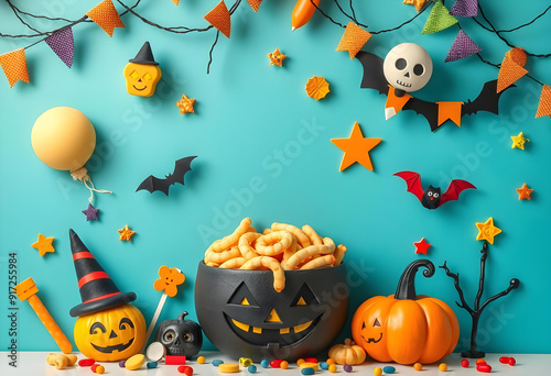 Happy Halloween, dressed up kids , ghosts, whitch background mockups and decoration spooky horror graveyard design photo