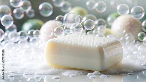 A close-up photo of a bar of white soap with bubbles, soap, cleaning, hygiene, bathroom, shower, beauty, skincare, purity, freshness