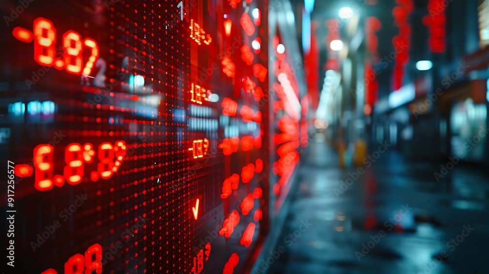A detailed photograph of a stock market screen displaying dramatic drops in stock prices, with red numbers and downward arrows. The trading floor is almost empty, A detailed photograph of a stock market screen displaying dramatic drops in stock prices, with red numbers and downward arrows. The trading floor is almost empty,