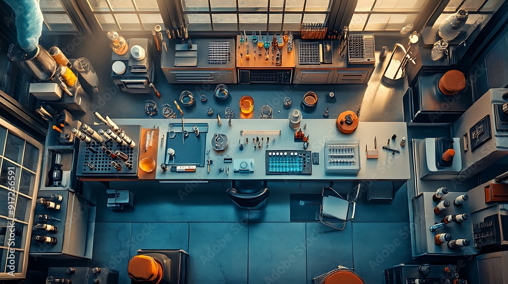Overhead View of a Well-Equipped Laboratory Workbench Overhead View of a Well-Equipped Laboratory Workbench