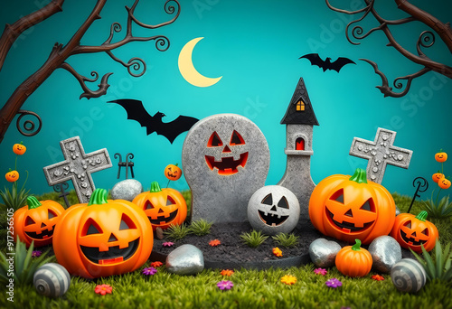 Happy Halloween, dressed up kids , ghosts, whitch background mockups and decoration spooky horror graveyard design photo