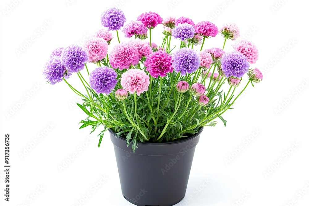 Colorful scabiosa flowers in the pot isolated on a white background