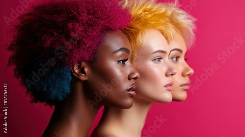 Three women in a side profile shot against a pink background, highlighting their diverse and vibrant hair colors, showcasing individuality and style in modern beauty.