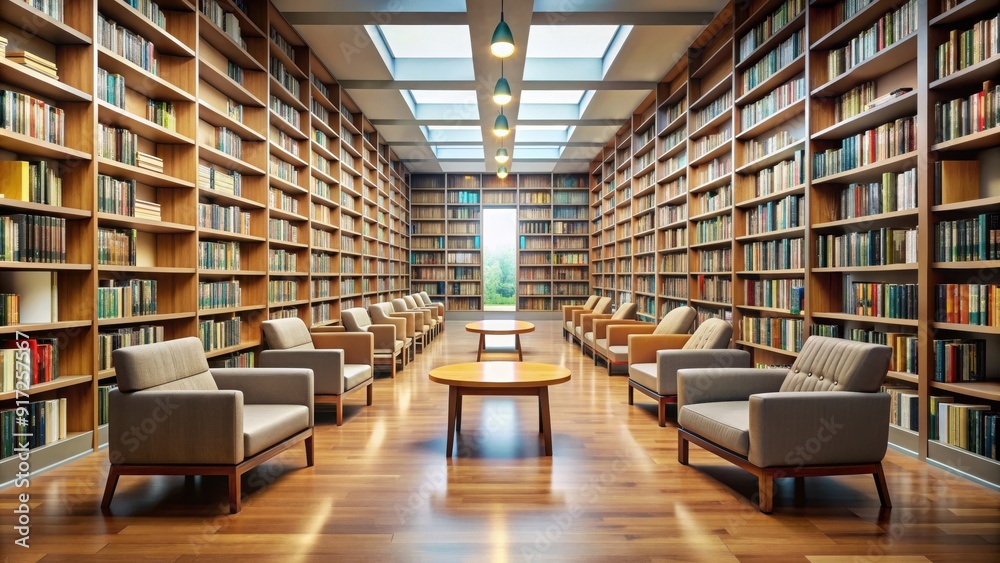 Quiet library with rows of books and reading areas, library, books, education, study, knowledge, shelves, silence Quiet library with rows of books and reading areas, library, books, education, study, knowledge, shelves, silence