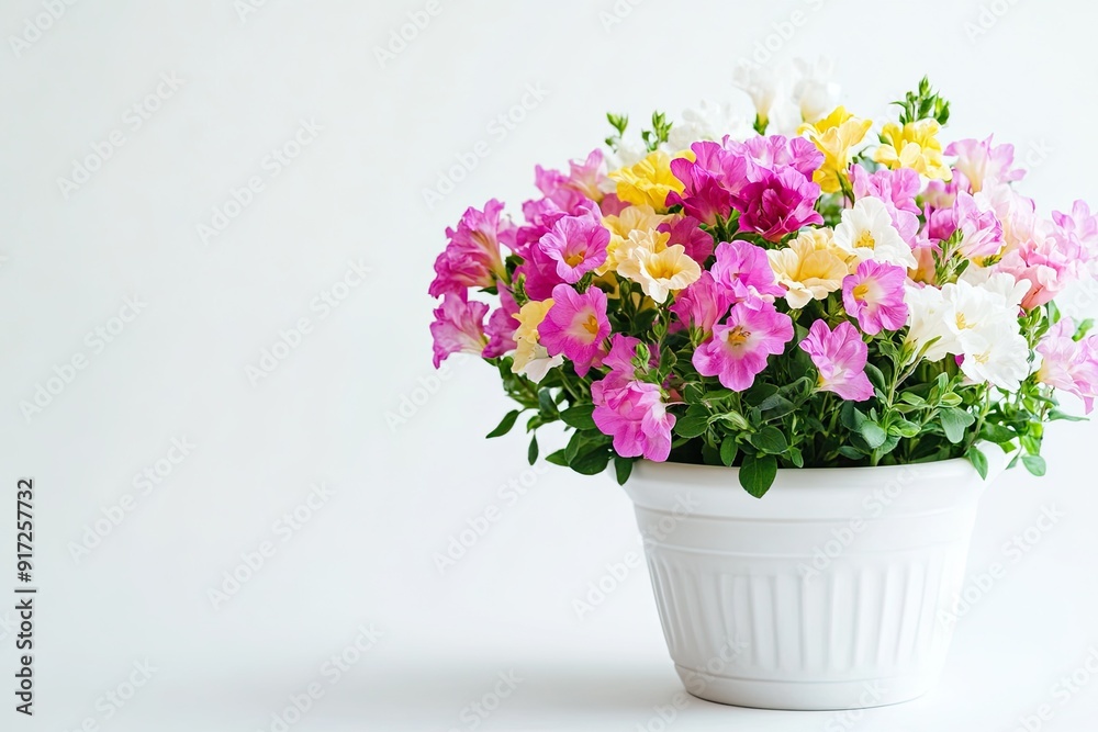 Colorful stock flowers in the pot isolated on a white background Colorful stock flowers in the pot isolated on a white background