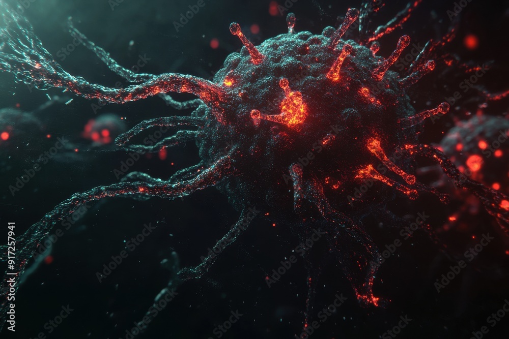 Fototapeta premium Stunning close-up of a virus with vibrant colors, showcasing intricate details and organic shapes in a dark background.
