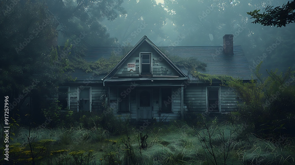 A detailed photograph of an empty house with a foreclosure notice, overgrown lawn, and broken windows. The scene is illuminated by the soft, diffused light of a foggy morning,