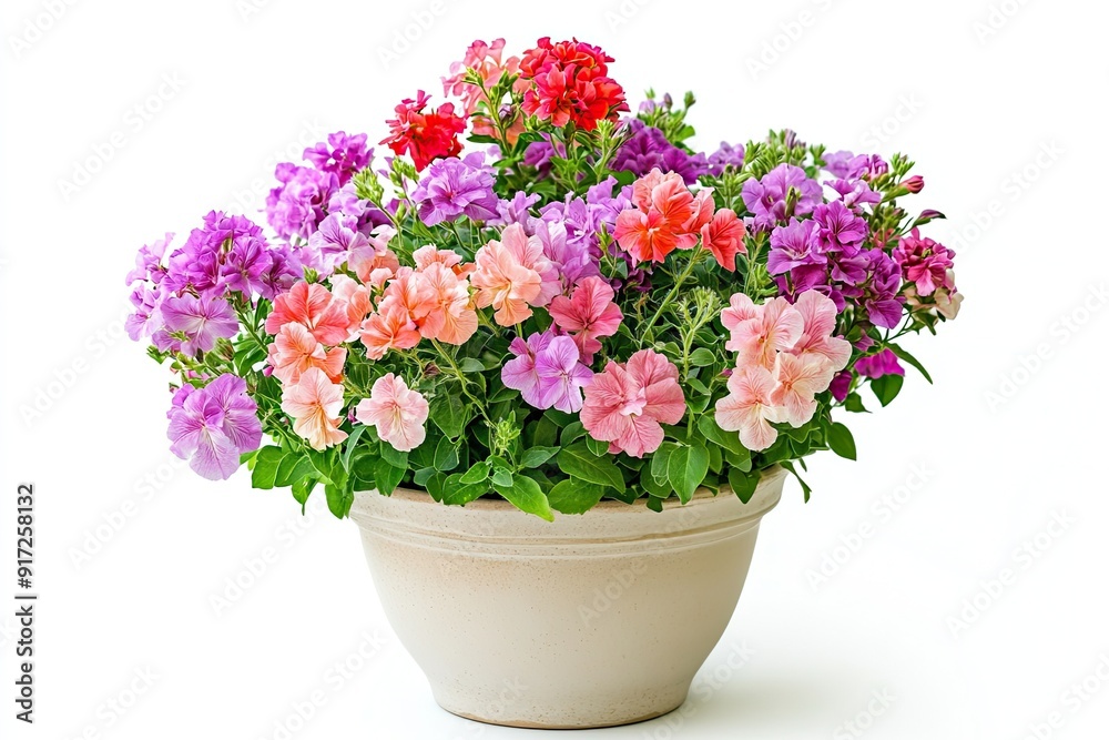 Colorful stock flowers in the pot isolated on a white background Colorful stock flowers in the pot isolated on a white background