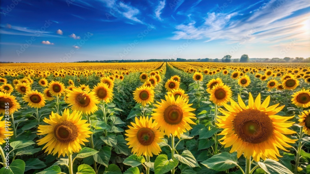 Obraz premium Vast sunflower field under clear blue sky with large yellow blooms, sunflowers, field, nature, landscape, blue sky, sunny
