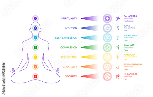 Chakras infographic, names, titles, line art symbol icons. Silhouette of a human body in a lotus position. Chakra system information illustration on white background