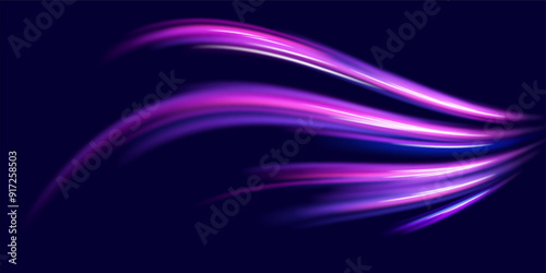 Abstract neon light rays background. A Colorful Motion Background of City Light Trails. Purple glowing wave swirl, impulse cable lines. Long time exposure.