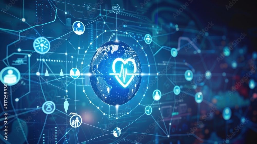 A conceptual image of global health with interconnected healthcare symbols A conceptual image of global health with interconnected healthcare symbols