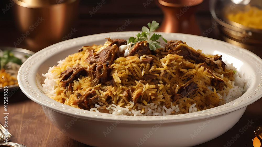 Create a highly realistic illustration of a Briyani Rice Dish Create a highly realistic illustration of a Briyani Rice Dish