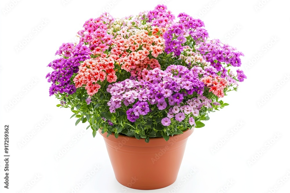 Colorful verbena flowers in the pot isolated on a white background Colorful verbena flowers in the pot isolated on a white background