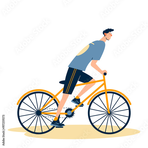 Happy man cycling, enjoying bicycle travel. Person riding bike, eco-friendly green transport. Young smiling guy cyclist, side view. Flat illustration isolated on white background.