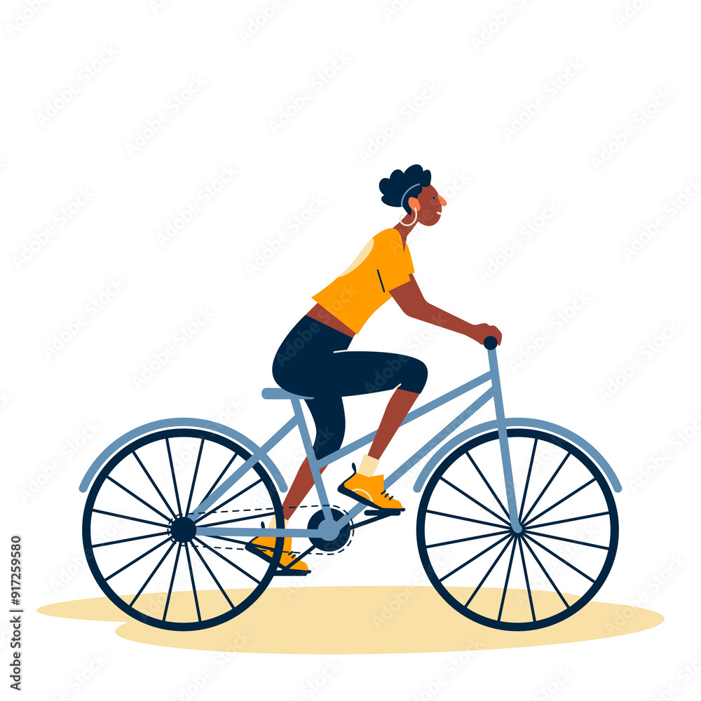 Obraz premium Happy black woman cycling, enjoying bicycle travel. Person riding bike, eco-friendly green transport. Young smiling girl cyclist, side view. Flat illustration isolated on white background.