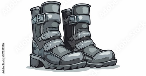 Grayscale illustration of a rugged strappy boot - ideal for adventure, motorcycling, and rugged footwear.