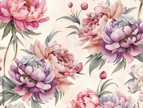 Seamless pattern with watercolor flowers. Peonies, anemone, citrus and roses. Illustration
