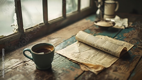 A high-resolution image of a close-up of a newspaper front page with prominent recession headlines, surrounded by coffee stains and crumpled edges. photo