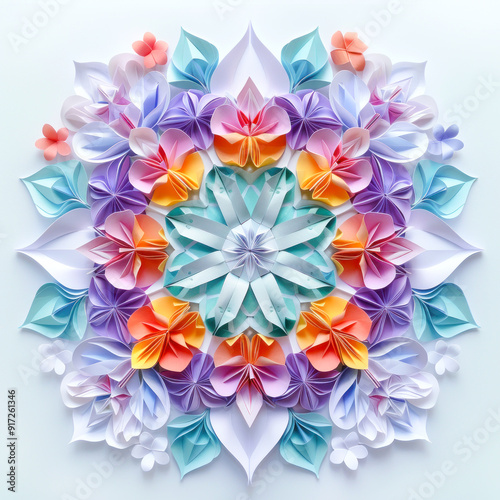 white rangoli ornament made of orange, yellow and white flowers on white background