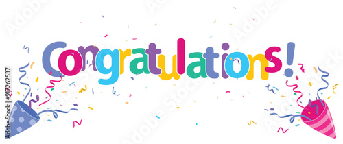 Congratulations banner with colorful confetti, isolated on transparent background 