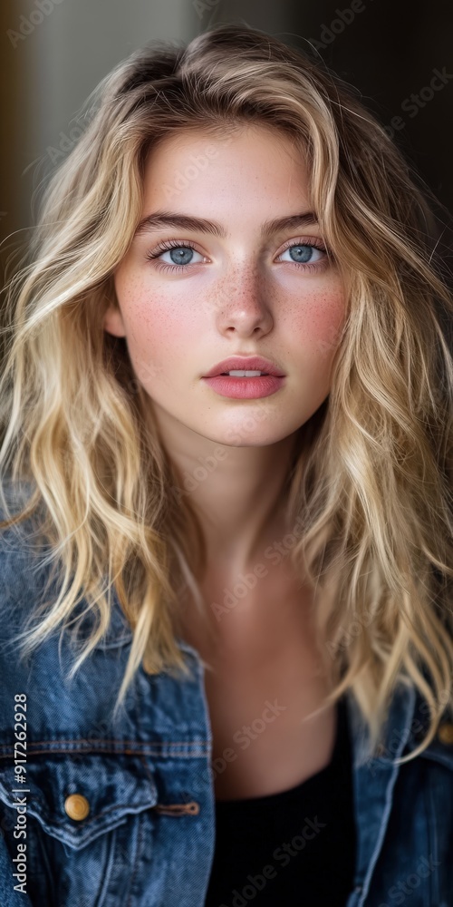 Young woman with blonde hair and blue eyes in a casual setting Young woman with blonde hair and blue eyes in a casual setting