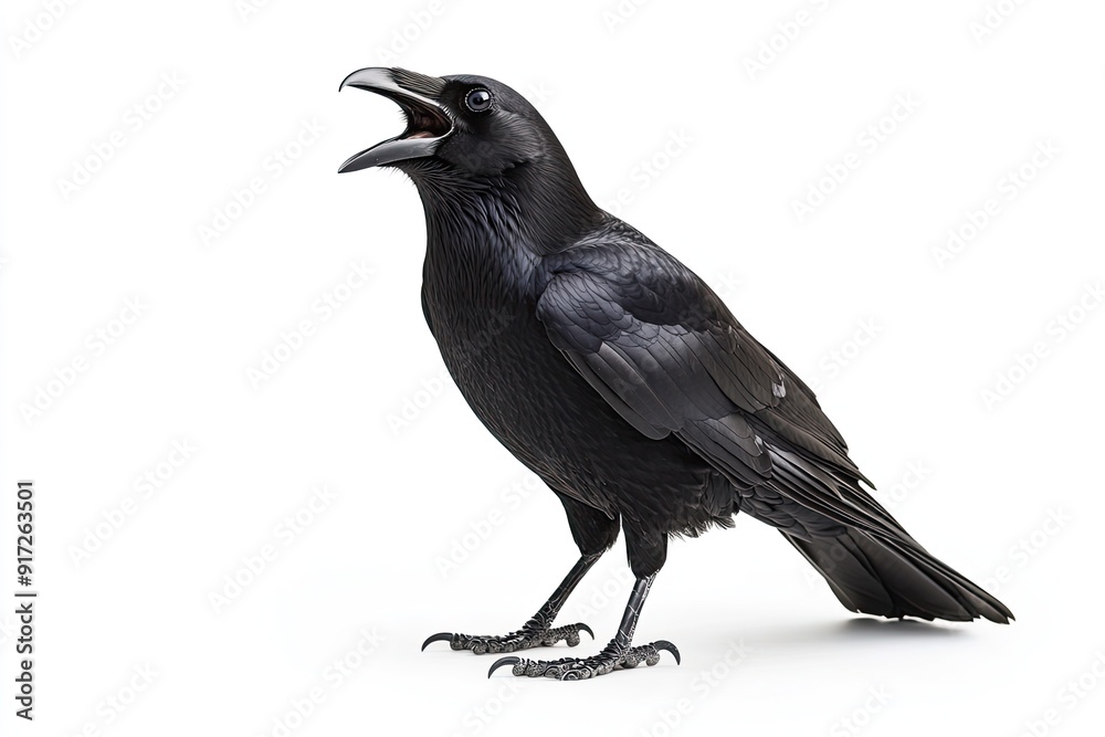 Crow standing and cawing isolated on a white background