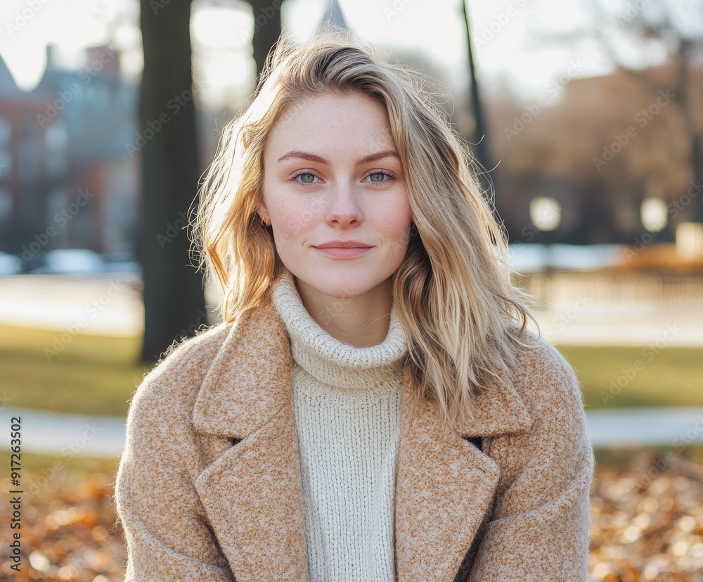 Woman in a cozy sweater enjoying a sunny afternoon in the park Woman in a cozy sweater enjoying a sunny afternoon in the park