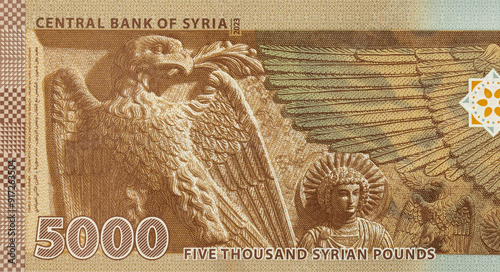 Slika na platnu eagle and yarhibol resco from the Temple of Baalshamin (Palmyra), portrait from syrian five thousand pounds currency note