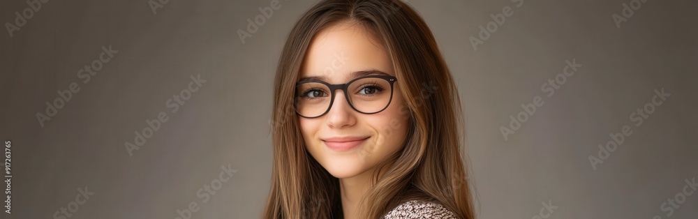 Young woman with glasses smiles warmly against a neutral background Young woman with glasses smiles warmly against a neutral background