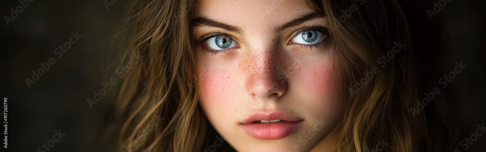 Obraz premium Young woman with striking blue eyes and natural makeup in soft lighting