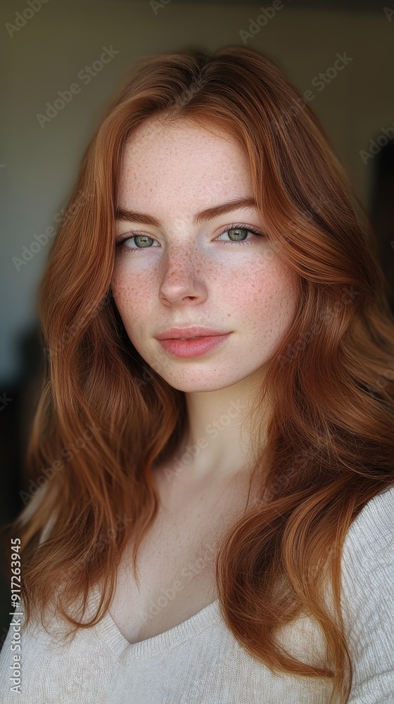 Young woman with auburn hair and freckles in soft natural light Young woman with auburn hair and freckles in soft natural light