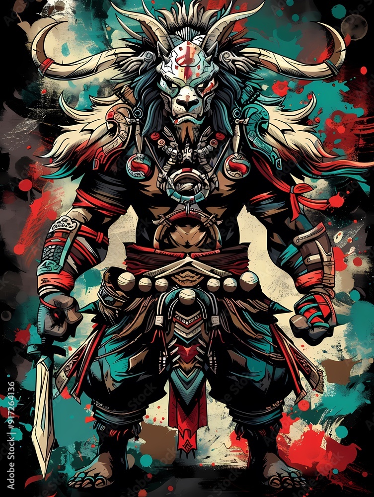 Fototapeta premium A fierce warrior with a tribal mask and ornate armor, holding a sword in a vibrant design.