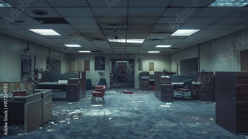 A realistic photo of an empty office space with vacant cubicles, overturned chairs, and dark offices. The cloudy sky and dim lighting add to the sense of desolation.