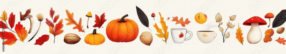 Autumn motifs in retro Art Deco style with pumpkins and leaves Autumn motifs in retro Art Deco style with pumpkins and leaves