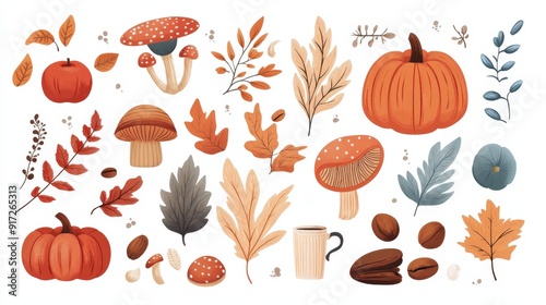 Autumn motifs in retro Art Deco style with leaves and pumpkins