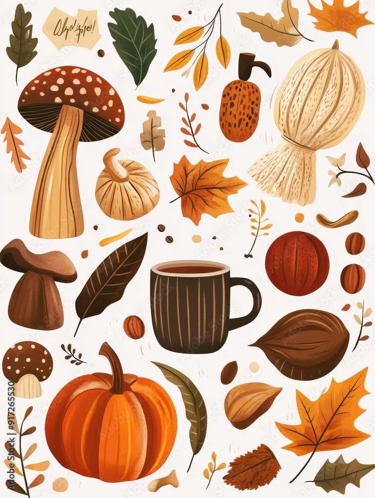 Autumn motifs in retro Art Deco style featuring leaves and gourds Autumn motifs in retro Art Deco style featuring leaves and gourds