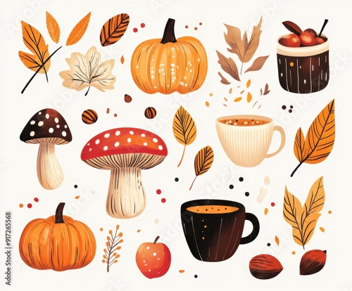 Art Deco design featuring autumn elements with pumpkins and leaves