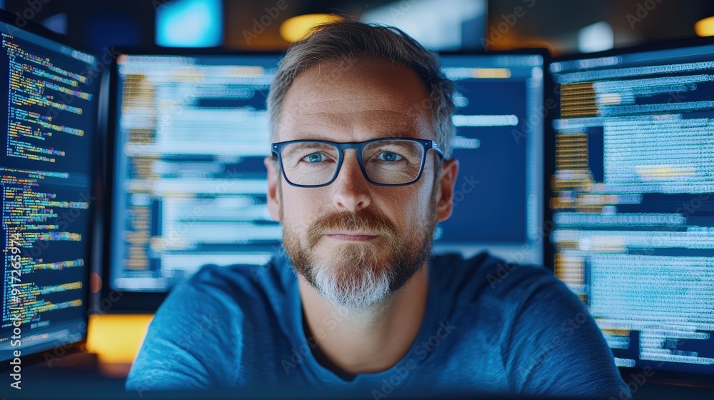 Focused software developer working on multiple screens with code. Technology and programming concept. Focused software developer working on multiple screens with code. Technology and programming concept.